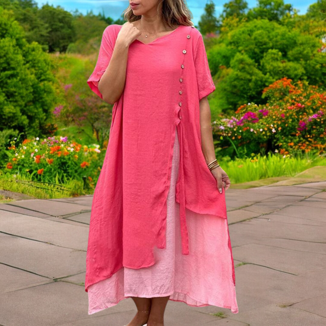 YLS | Robe d'été en lin pour femmes, robe élégante à col en V pour les journées chaudes