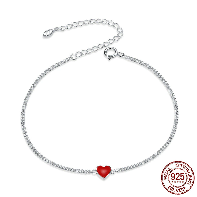Bracelet ajustable en argent sterling 925 avec charme en forme de cœur rouge