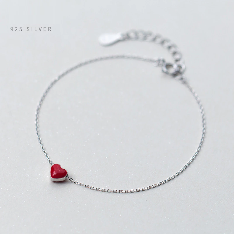 Bracelet ajustable en argent sterling 925 avec charme en forme de cœur rouge