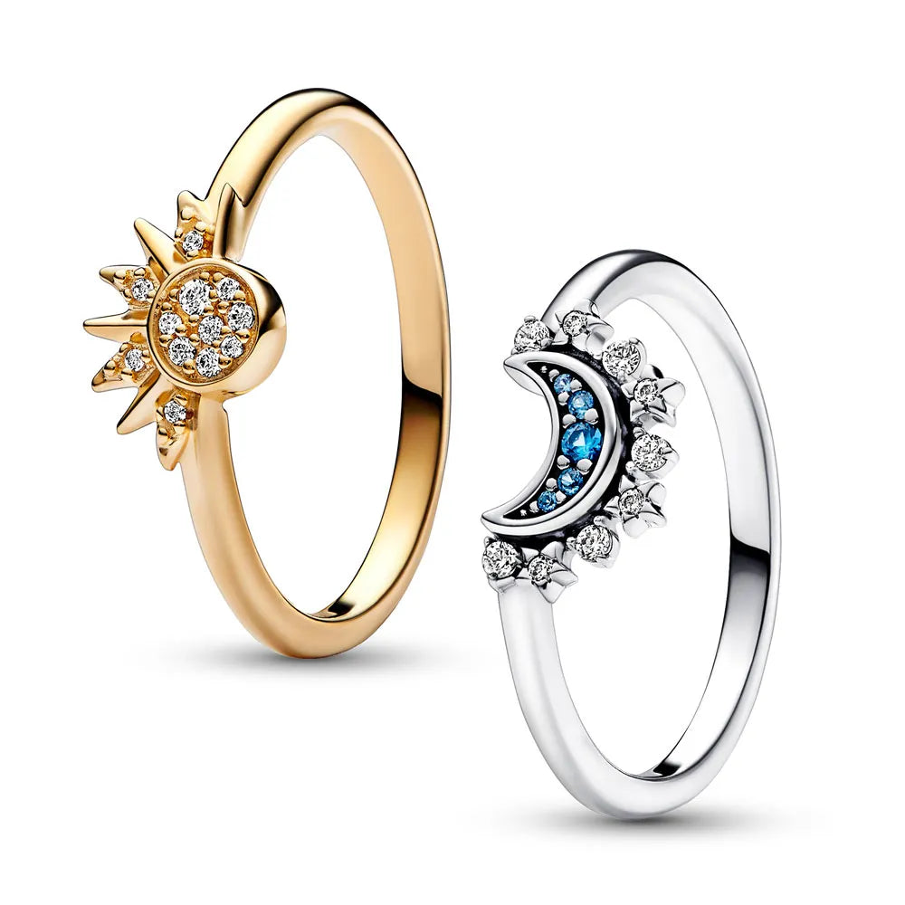 Bague en cristal argenté lune-soleil scintillante