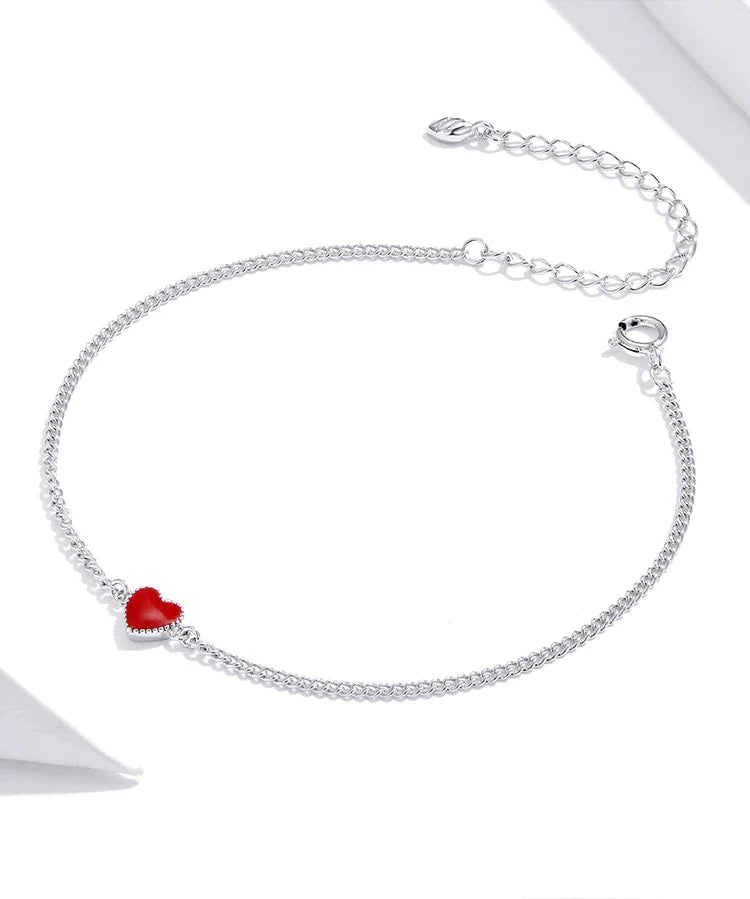 Bracelet ajustable en argent sterling 925 avec charme en forme de cœur rouge