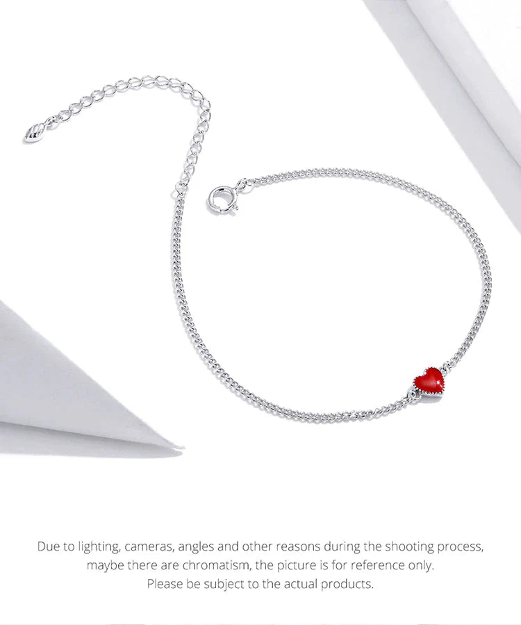 Bracelet ajustable en argent sterling 925 avec charme en forme de cœur rouge