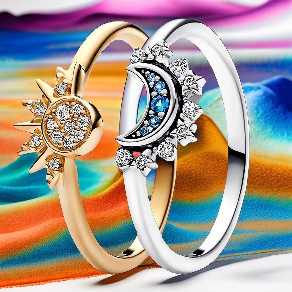 Bague en cristal argenté lune-soleil scintillante