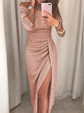 Robe froncée sans épaule à manches longues avec fente latérale