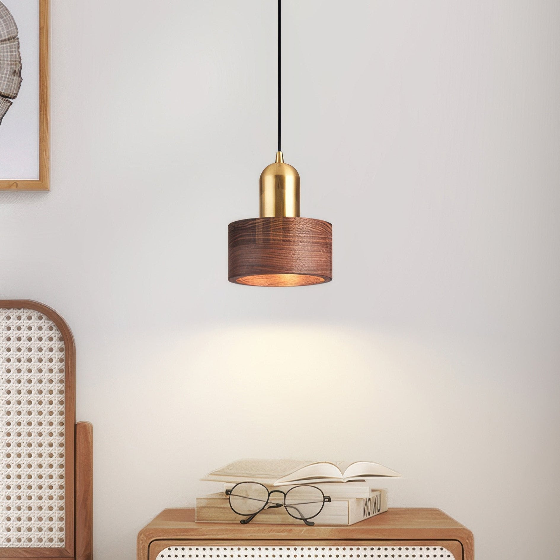 Suspension Cylindrique Japonaise – Lampe Suspendue LED Minimaliste en Laiton et Bois