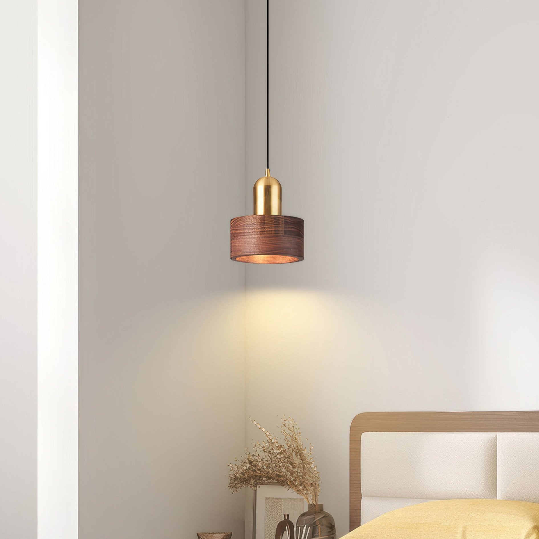 Suspension Cylindrique Japonaise – Lampe Suspendue LED Minimaliste en Laiton et Bois