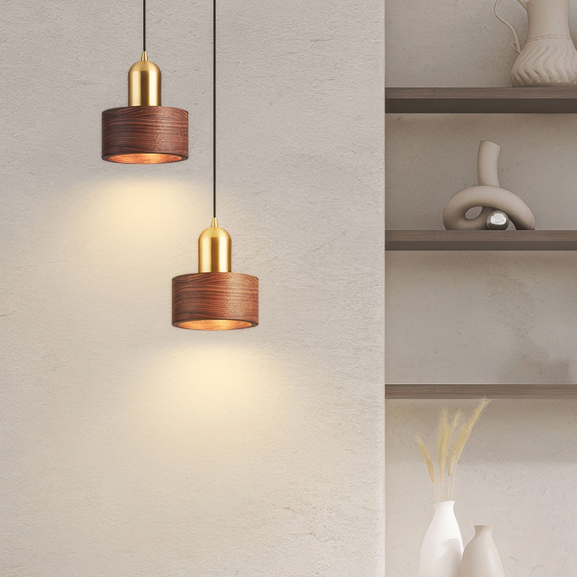 Suspension Cylindrique Japonaise – Lampe Suspendue LED Minimaliste en Laiton et Bois