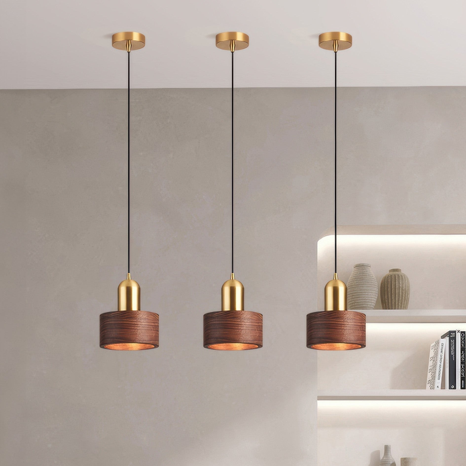 Suspension Cylindrique Japonaise – Lampe Suspendue LED Minimaliste en Laiton et Bois