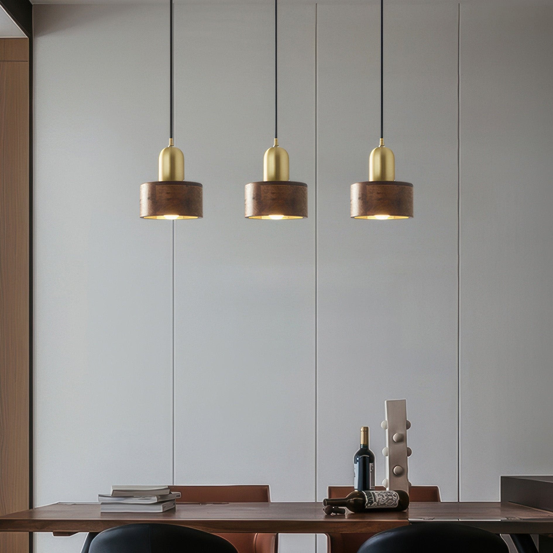 Suspension Cylindrique Japonaise – Lampe Suspendue LED Minimaliste en Laiton et Bois