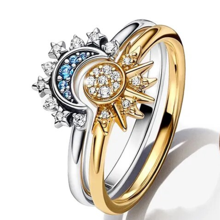 Bague en cristal argenté lune-soleil scintillante