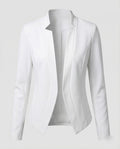 Blazer Femme Ajusté à Ouverture Frontale avec Col Montant et Ourlet Arrondi – Élégance Tailleur pour le Bureau et les Sorties