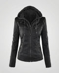Veste de moto femme en simili cuir avec capuche et poches zippées – Coupe ajustée idéale pour l'automne et le printemps
