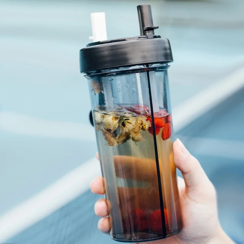 AquaBelle Luxe Bouteille d'Eau à Double Compartiment | Gobelet à Double Pailles Élégant et Portable pour Étudiants et Amateurs de Sports en Plein Air