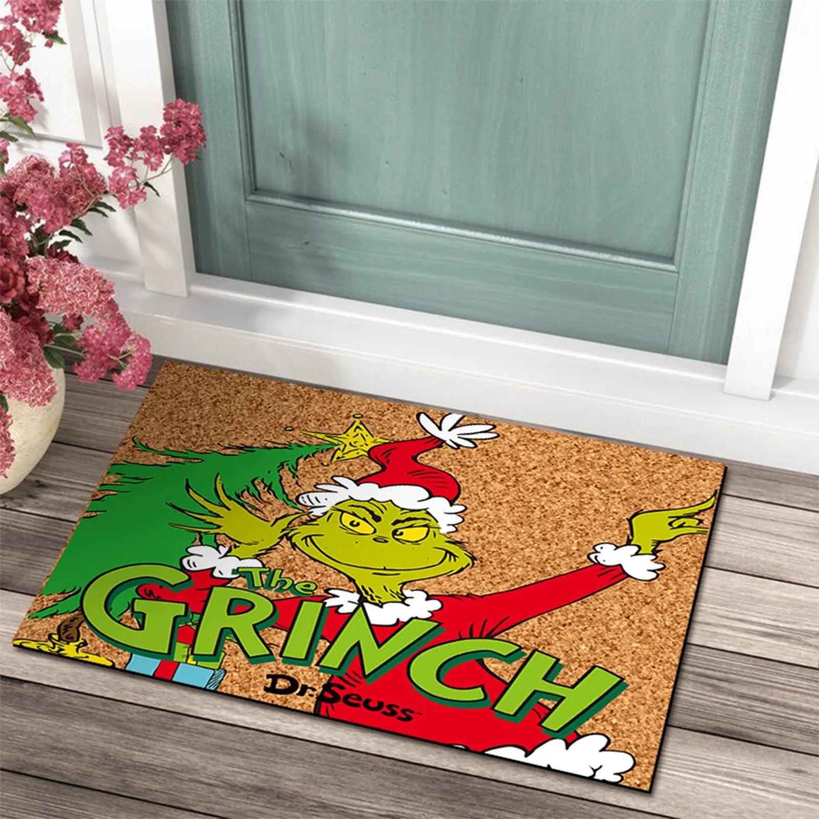 Tapis de porte de Noël avec design Grinch - Accueil Joyeux pour les Fêtes