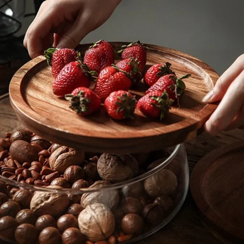 AcaciaCharm | Bol en verre raffiné avec couvercle en bois naturel pour les fruits secs et les sucrerie
