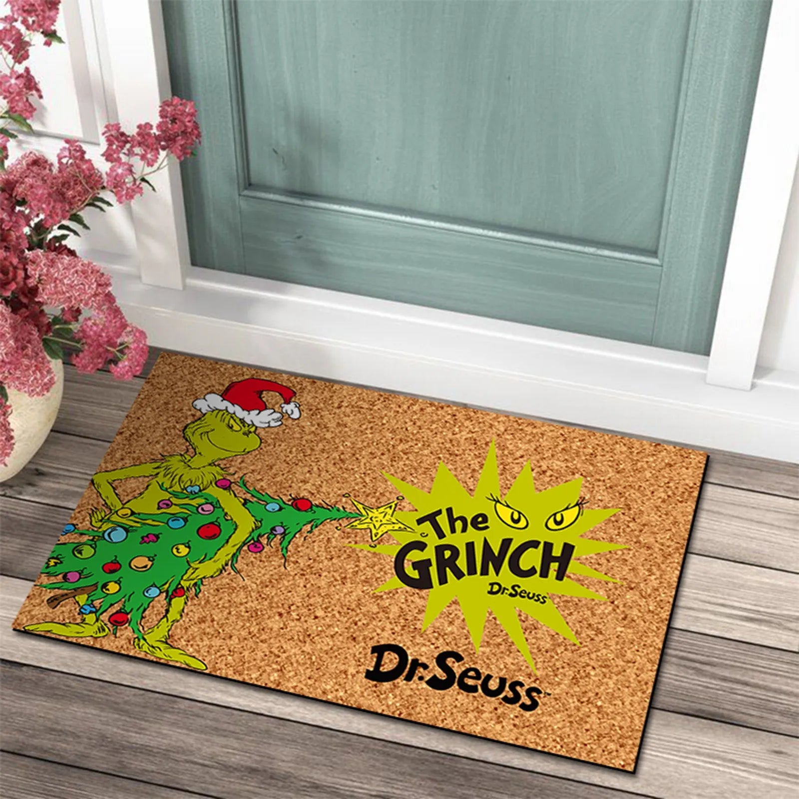 Tapis de porte de Noël avec design Grinch - Accueil Joyeux pour les Fêtes
