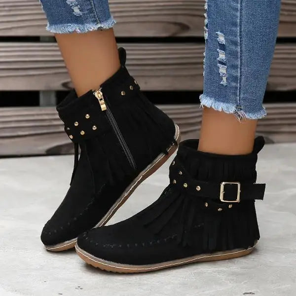 Bottes mi-mollet EleganceStride Luxe | Chic bottes à fermeture éclair avec bout rond et talon plat, parfaites pour le style et le confort d'automne.