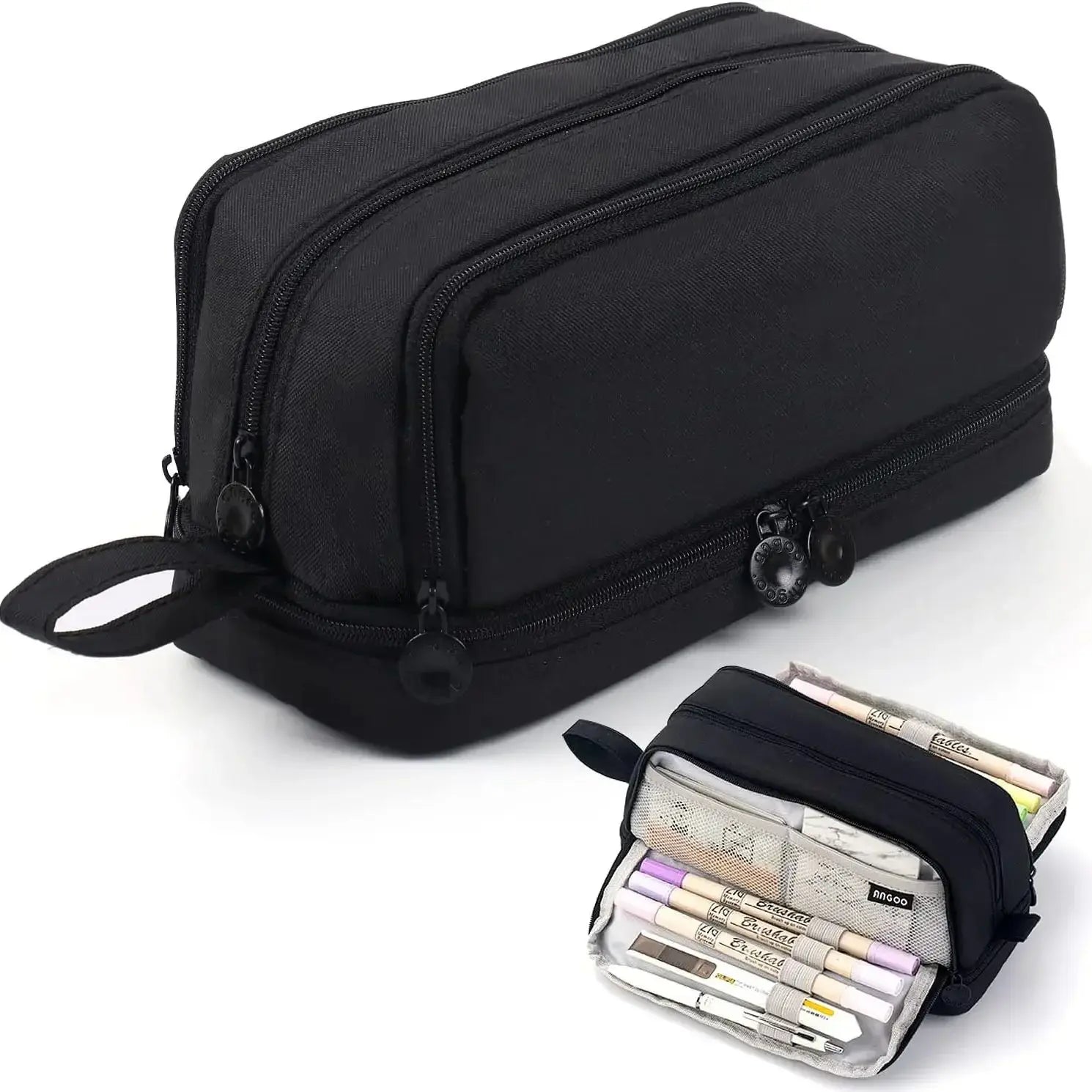 Trousse en toile noire avec compartiment pour règle | Trousse | Étui à double couche pour utilisation scolaire
