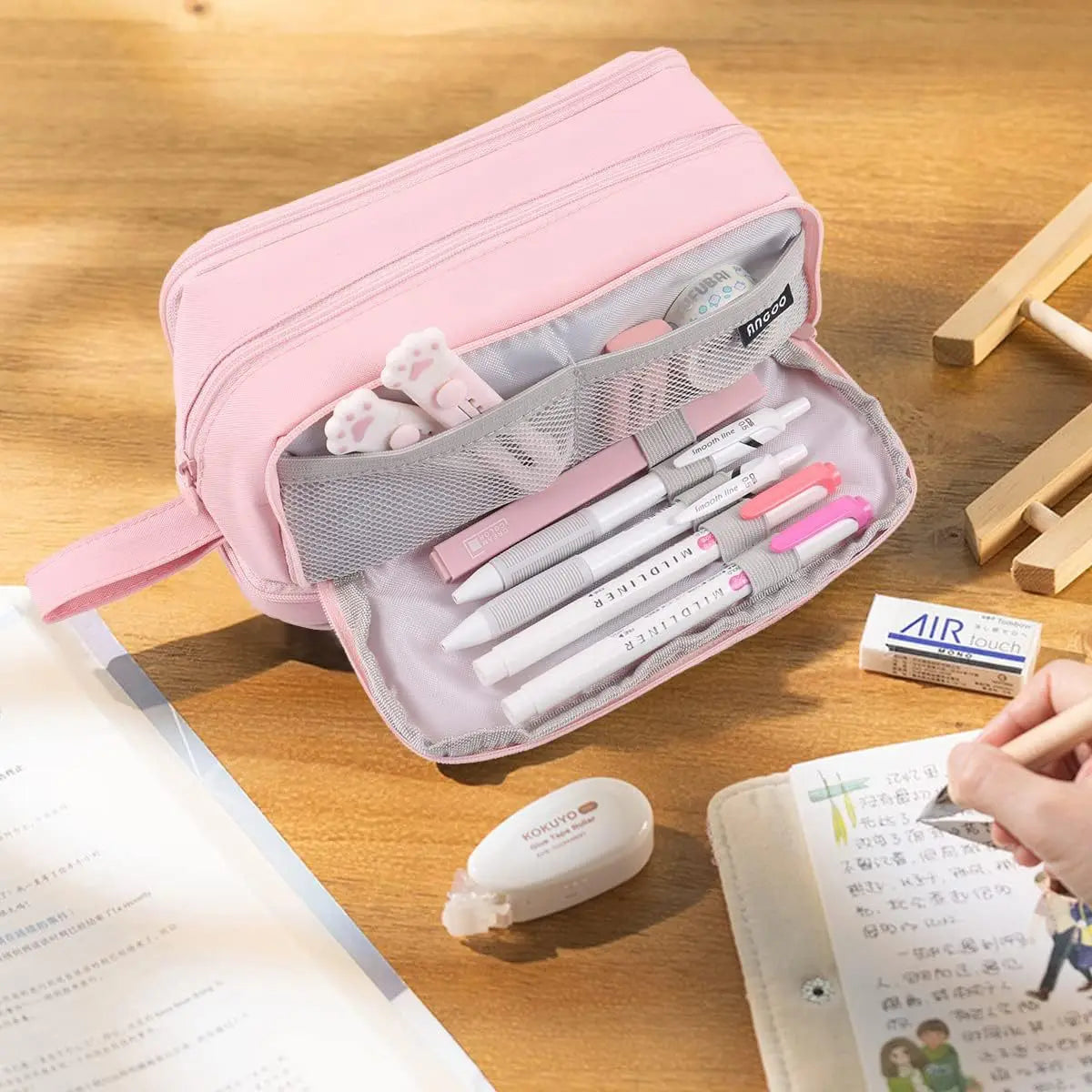 Trousse en toile noire avec compartiment pour règle | Trousse | Étui à double couche pour utilisation scolaire