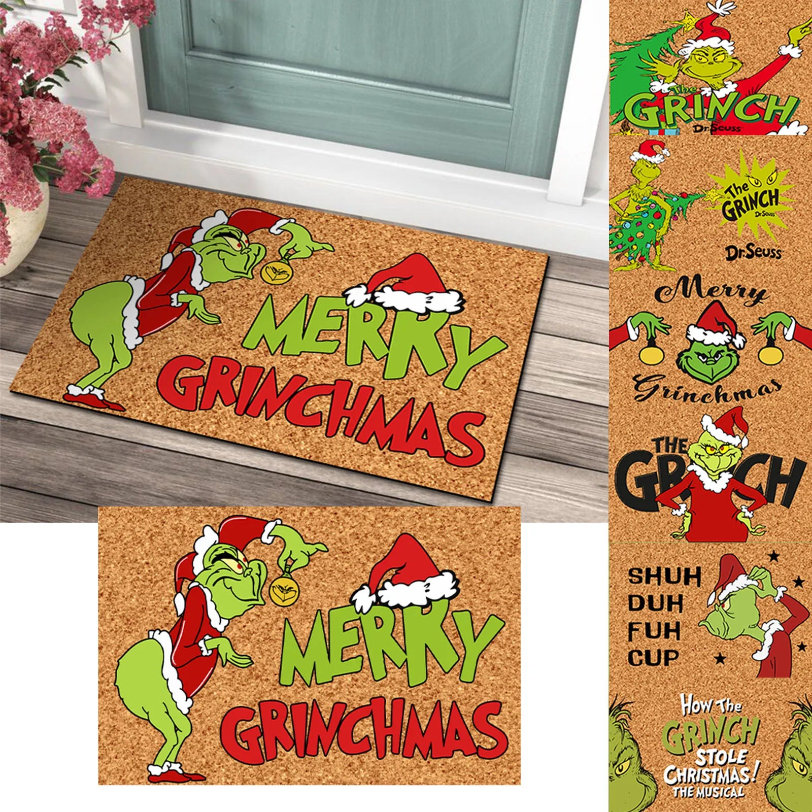 Tapis de porte de Noël avec design Grinch - Accueil Joyeux pour les Fêtes