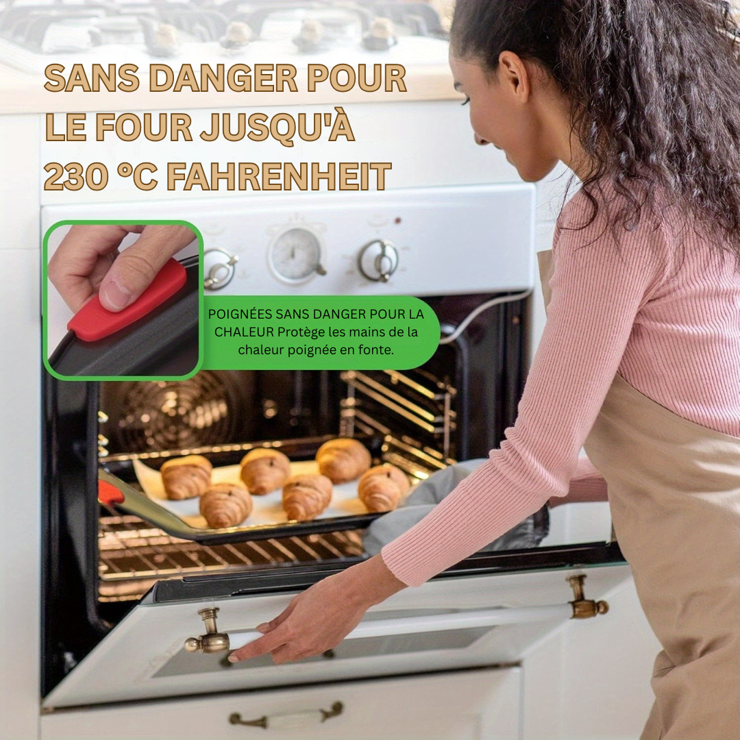 CulinaryElegance Poêle à pâtisserie antiadhésive suprême | Acier robuste avec poignées en silicone rouge ergonomiques pour un nettoyage facile et des résultats de cuisson supérieurs