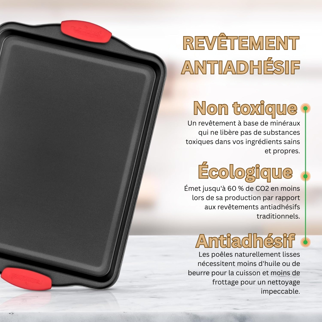 CulinaryElegance Poêle à pâtisserie antiadhésive suprême | Acier robuste avec poignées en silicone rouge ergonomiques pour un nettoyage facile et des résultats de cuisson supérieurs