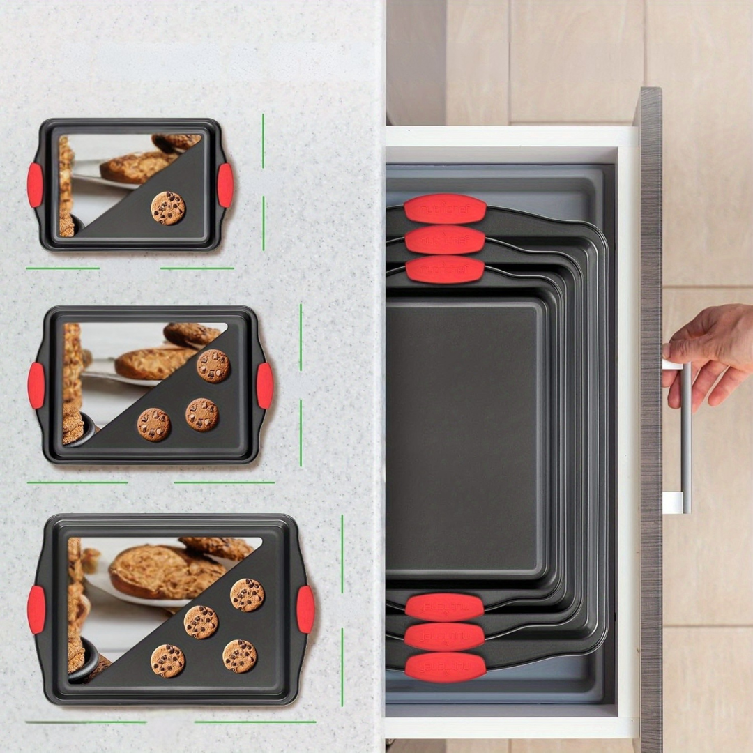 CulinaryElegance Poêle à pâtisserie antiadhésive suprême | Acier robuste avec poignées en silicone rouge ergonomiques pour un nettoyage facile et des résultats de cuisson supérieurs