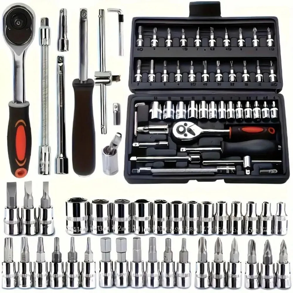 EliteMechanics Ensemble de Clés à Douille de 46 Pièces | Kit de clé à cliquet polyvalent pour réparations professionnelles de voitures et de motos