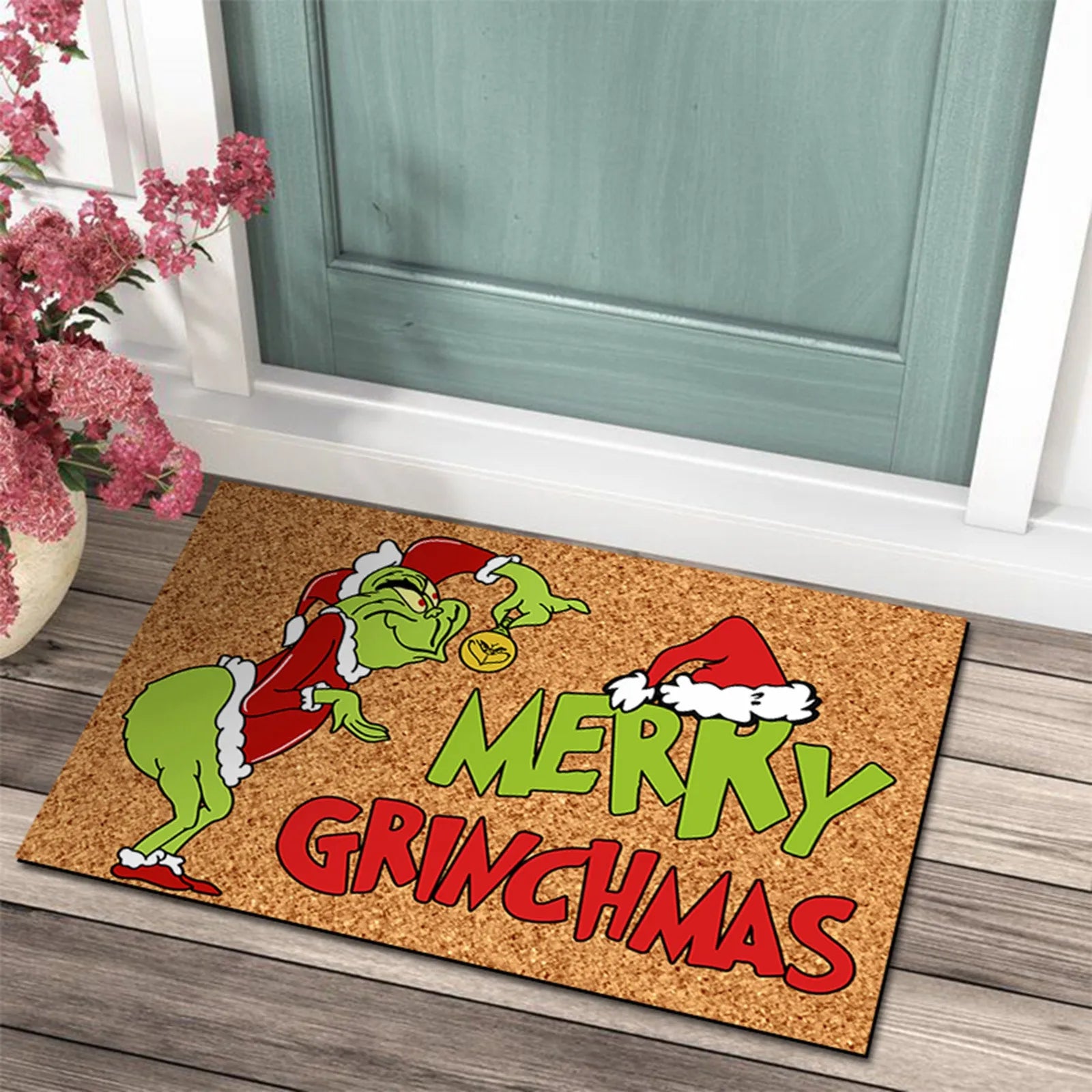 Tapis de porte de Noël avec design Grinch - Accueil Joyeux pour les Fêtes