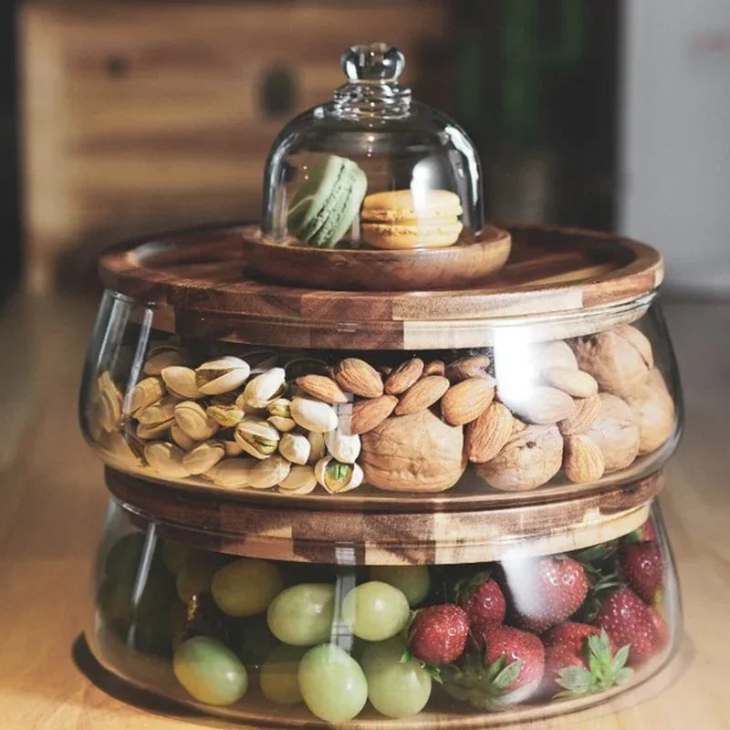 AcaciaCharm | Bol en verre raffiné avec couvercle en bois naturel pour les fruits secs et les sucrerie