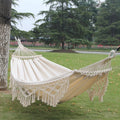 Hamac de camping double extérieur en toile avec frange de 200x150cm et poteau (Blanc)
