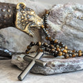 Collier de chapelet en œil de tigre et lapis-lazuli pour hommes