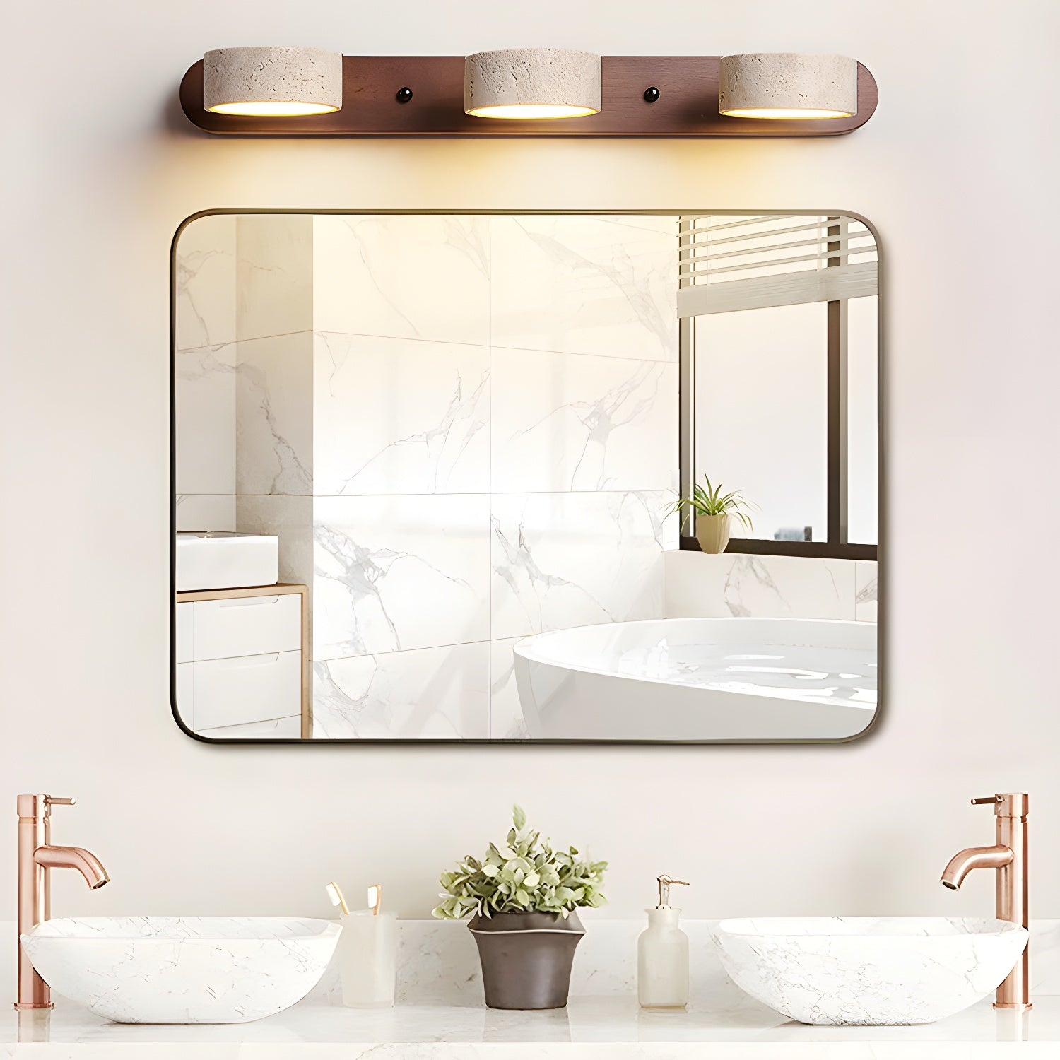 Applique Murale Duo en Travertin – Élégante Lampe Murale en Pierre Naturelle et Bois LED