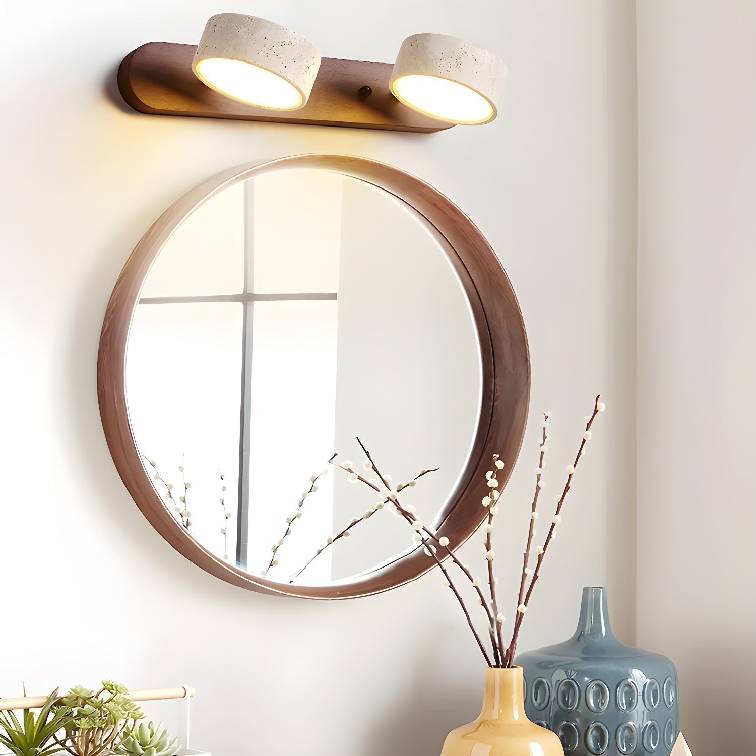 Applique Murale Duo en Travertin – Élégante Lampe Murale en Pierre Naturelle et Bois LED