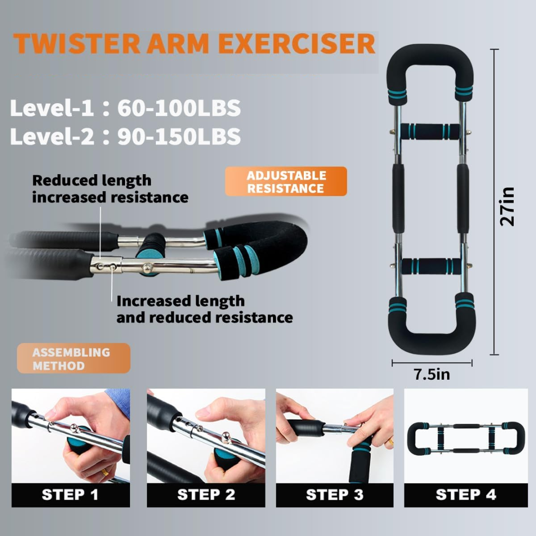 TwisterFlex Bâton de Force Réglable – Renforcez les Avant-bras, Triceps & Poitrine – Barre d’Entraînement Durable et Portable – Résistance Réglable