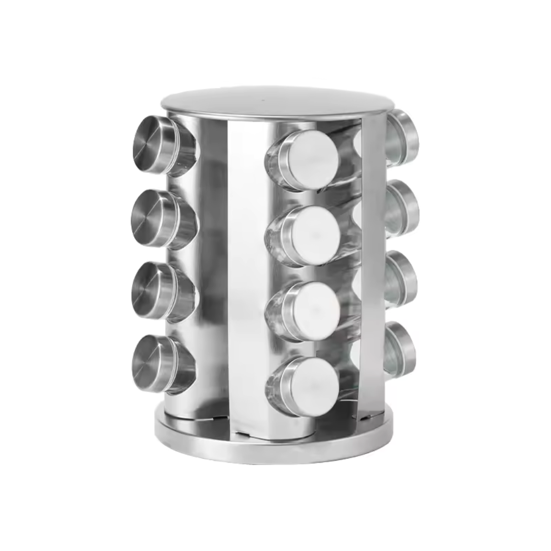 CulinaryElite Herb Carousel | Stainless Steel Rotating Spice Rack with 16 Glass Jars for Organized Storage