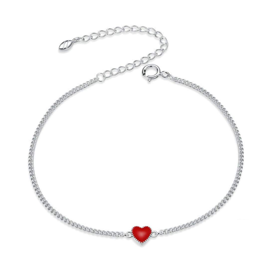 Bracelet ajustable en argent sterling 925 avec charme en forme de cœur rouge