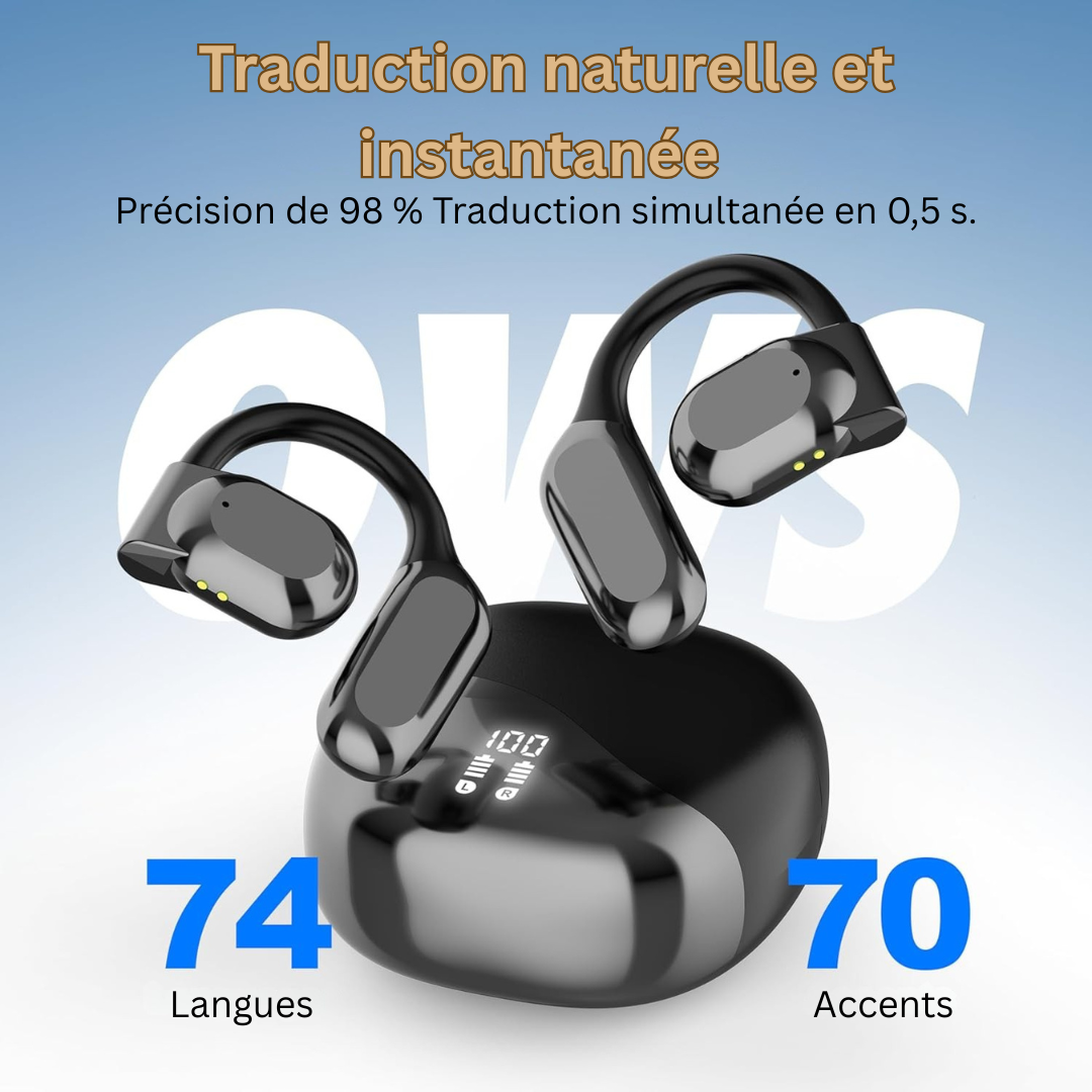 LuxeLingua Écouteurs Traducteurs Élites | Dispositif Linguistique 3-en-1 en Temps Réel avec 144 Langues & 8 Packs Hors Ligne pour une Communication de Voyage Sans Effort