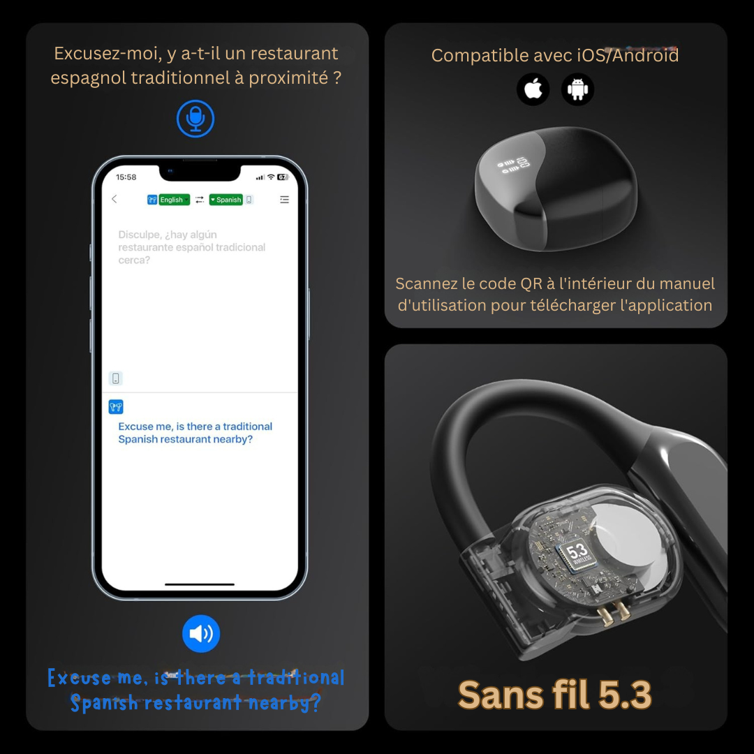 LuxeLingua Écouteurs Traducteurs Élites | Dispositif Linguistique 3-en-1 en Temps Réel avec 144 Langues & 8 Packs Hors Ligne pour une Communication de Voyage Sans Effort