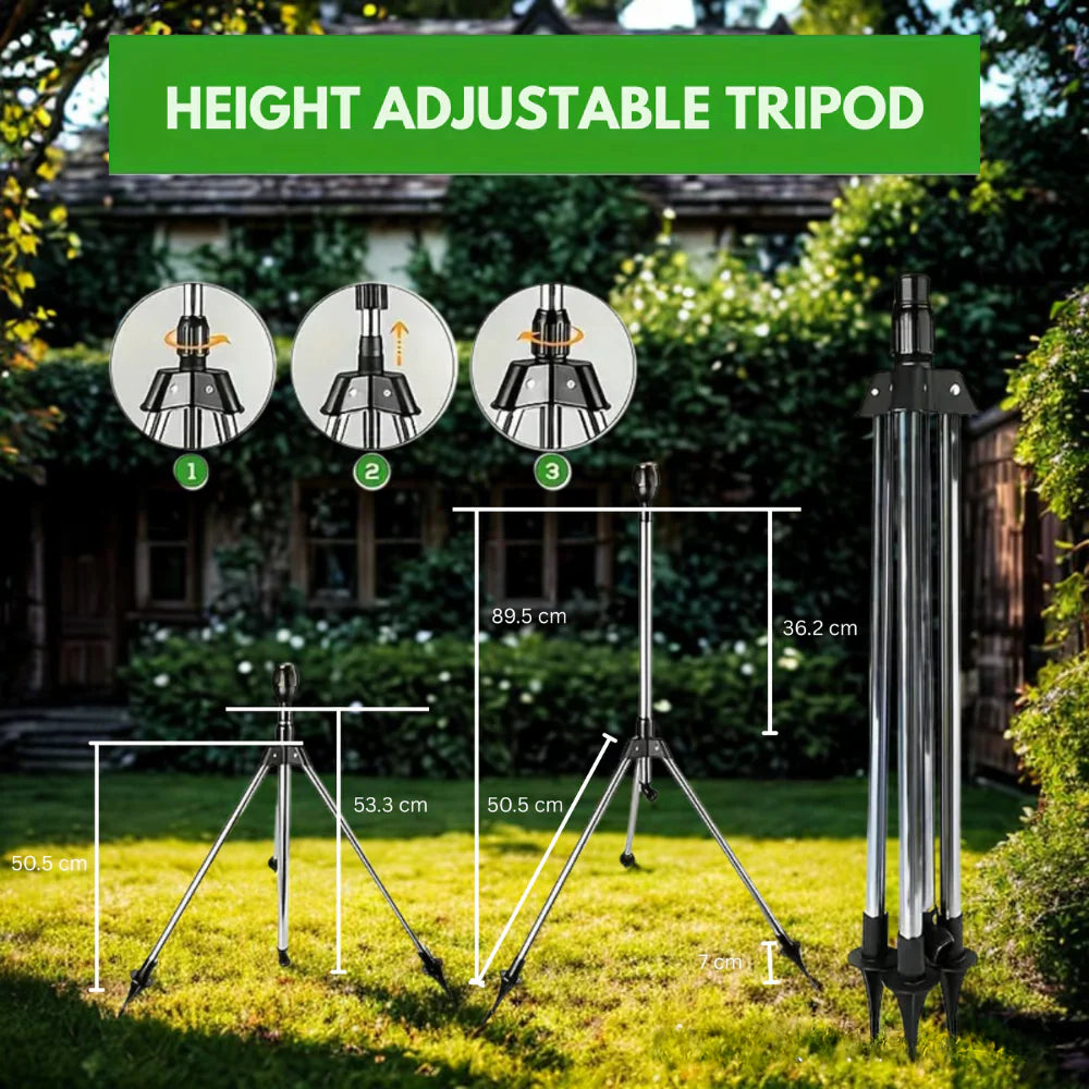 Arroseur Rotatif 360° avec Trépied Réglable – Système d'Irrigation en Acier Inoxydable pour Grands Jardins