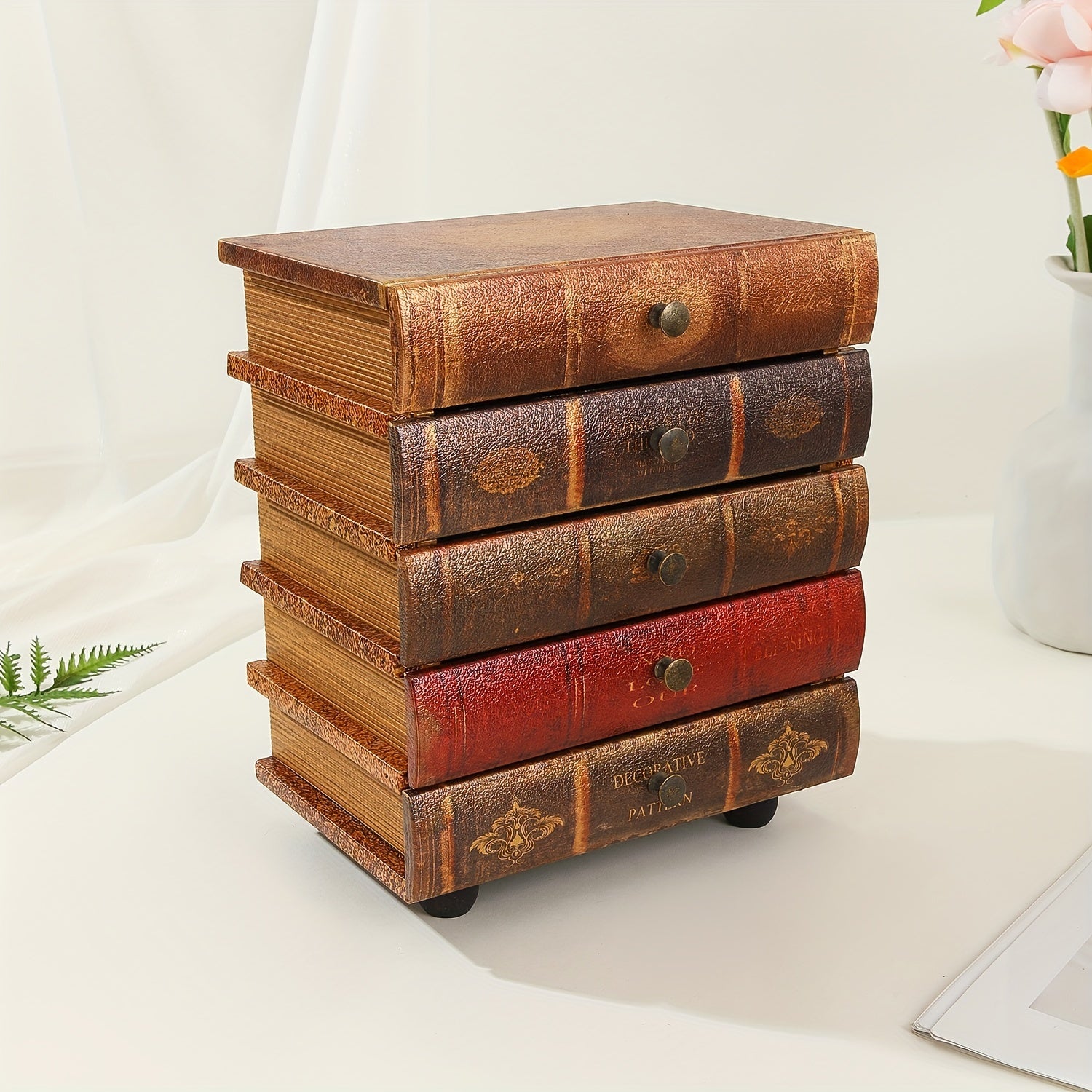 Boîte de Rangement en Forme de Livre Classique avec Cinq Tiroirs – Organisation Intemporelle pour la Maison et le Bureau