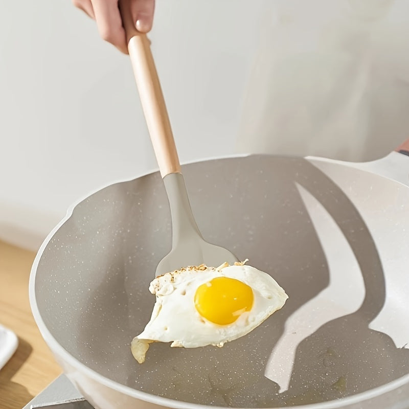SilkChef Ensemble d'Ustensiles en Silicone de Luxe | Ustensiles de cuisine antiadhésifs et sécurisés avec manches en bois, modernes et lavables