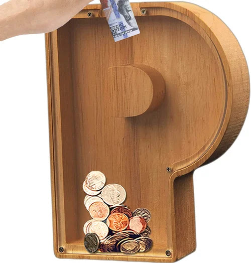 Tirelire TreasureNest | Tirelire en bois personnalisée avec des motifs de lettres de l'alphabet
