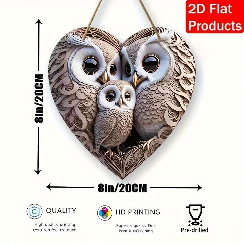Signe en Bois Rustique en Forme de Cœur de Famille Hibou - Pour un Foyer Chaleureux
