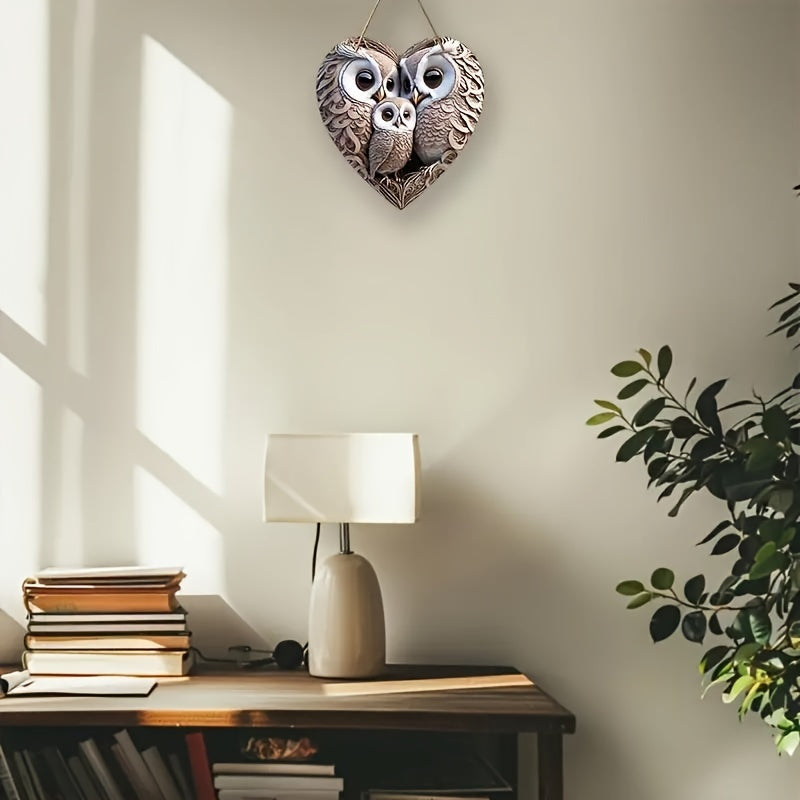 Signe en Bois Rustique en Forme de Cœur de Famille Hibou - Pour un Foyer Chaleureux