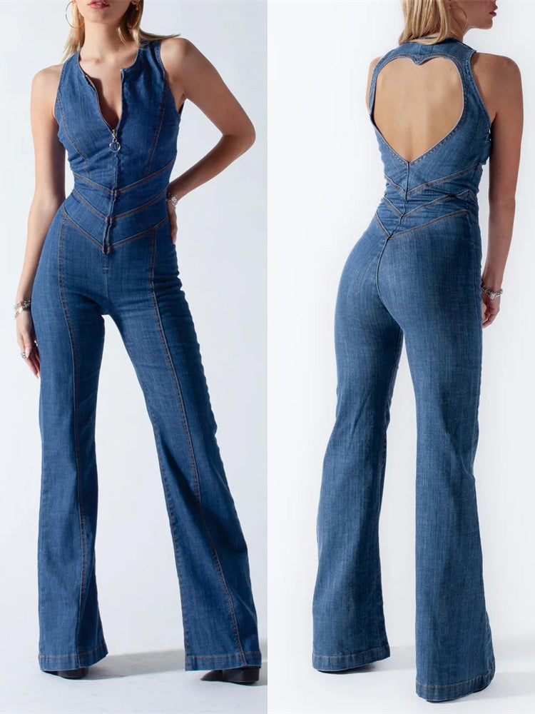 Amalia | Combinaison en Jean avec Dos Ouvert | Style Été Élégant pour Femmes | Bleu | Coupe Flatteuse | Découpe en Cœur | Mélange de Jean Confortable | Tissus Doux | Combinaison Stylée | Détails Tendance