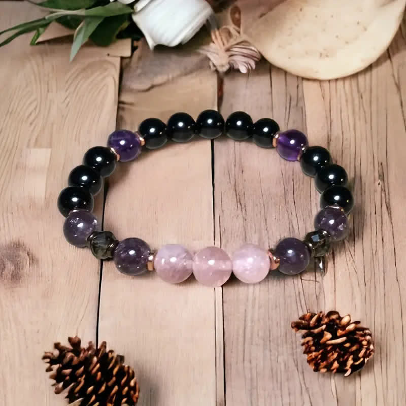 Bracelet en perles de quartz rose, obsidienne et améthyste de 8 mm - Aurora