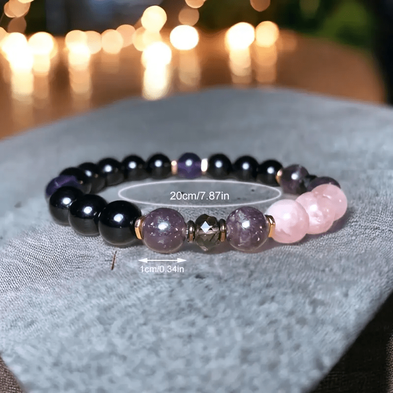 Bracelet en perles de quartz rose, obsidienne et améthyste de 8 mm - Aurora