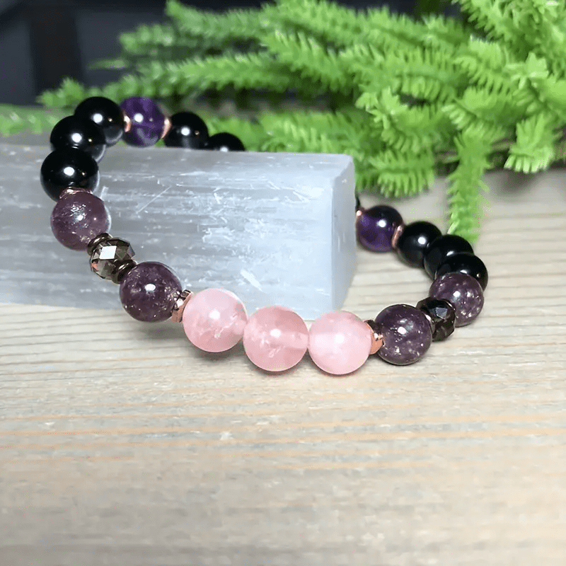 Bracelet en perles de quartz rose, obsidienne et améthyste de 8 mm - Aurora