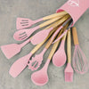 SilkChef Ensemble d'Ustensiles en Silicone de Luxe | Ustensiles de cuisine antiadhésifs et sécurisés avec manches en bois, modernes et lavables